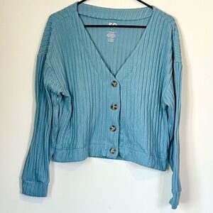 SO Teal Button-Up V-Neck Oversized Cropped Ribbed Cardigan - Juniors Large